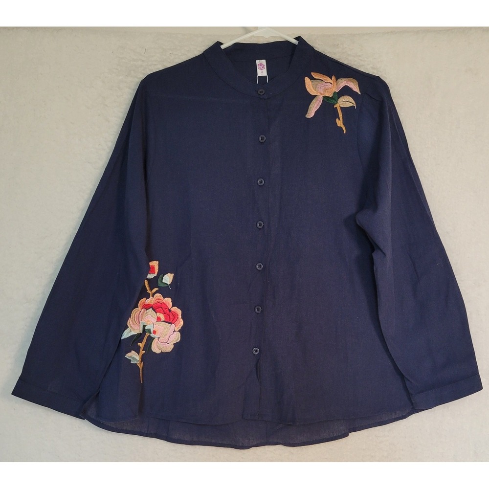 Mumianxiu Floral Blouse XXL 2XL New NWT Navy‎ Blue Embroidered Shirt 0977